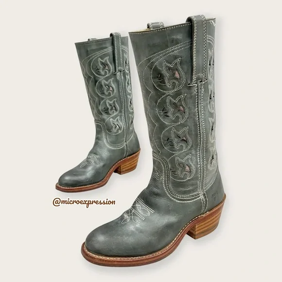 VINTAGE 1980 Frye Austin Campus Green-Blue Leather Floral Embroider Cowboy Boot - Picture 13 of 16